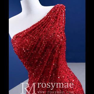 Red One Shoulder Luxury Evening Dress Sequins Trumpet For Women Party