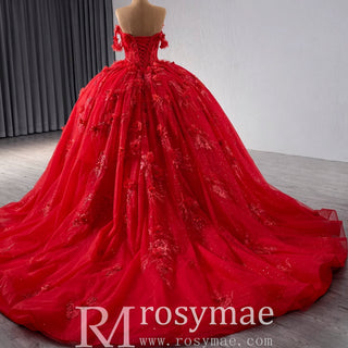 Sparkly Lace Applique Red Wedding Gowns Off the Shoulder Quince Dress