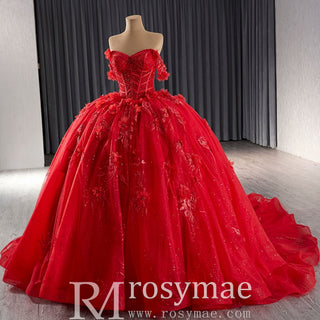 Sparkly Lace Applique Red Wedding Gowns Off the Shoulder Quince Dress