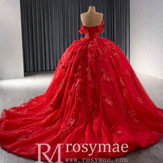 Sparkly Lace Applique Red Wedding Gowns Off the Shoulder Quince Dress