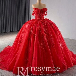 Sparkly Lace Applique Red Wedding Gowns Off the Shoulder Quince Dress