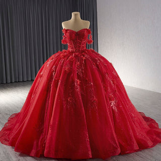 Sparkly Lace Applique Red Wedding Gowns Off the Shoulder Quince Dress