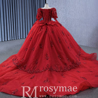 Vintage Luxury Red Wedding Dress Sparkly Lantern Long Sleeve Ball Gown