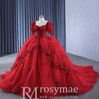 Vintage Luxury Red Wedding Dress Sparkly Lantern Long Sleeve Ball Gown