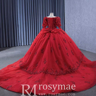 Vintage Luxury Red Wedding Dress Sparkly Lantern Long Sleeve Ball Gown