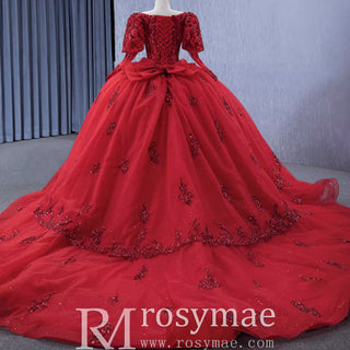 Vintage Luxury Red Wedding Dress Sparkly Lantern Long Sleeve Ball Gown