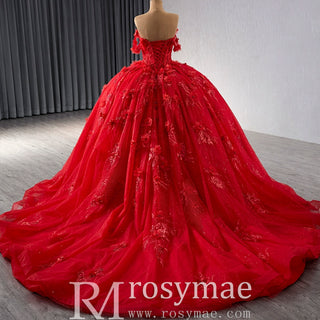 Sparkly Lace Applique Red Wedding Gowns Off the Shoulder Quince Dress