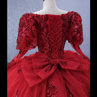 Vintage Luxury Red Wedding Dress Sparkly Lantern Long Sleeve Ball Gown