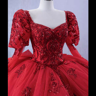 Vintage Luxury Red Wedding Dress Sparkly Lantern Long Sleeve Ball Gown