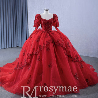 Vintage Luxury Red Wedding Dress Sparkly Lantern Long Sleeve Ball Gown