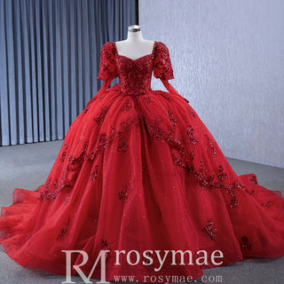 Vintage Luxury Red Wedding Dress Sparkly Lantern Long Sleeve Ball Gown