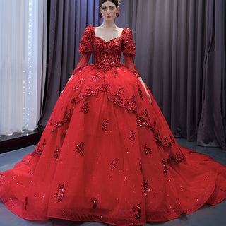 Vintage Luxury Red Wedding Dress Sparkly Lantern Long Sleeve Ball Gown