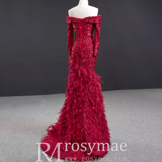 Burgundy Mermaid Sequins Long Sleeve Prom Dress with Feather