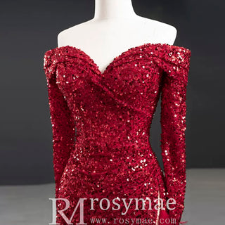 Burgundy Mermaid Sequins Long Sleeve Prom Dress with Feather