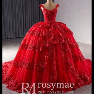 Sparkly Lace Applique Tiered Wedding Gowns Off the Shoulder Quince Dress