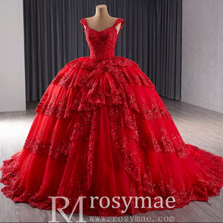 Sparkly Lace Applique Tiered Wedding Gowns Off the Shoulder Quince Dress