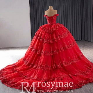 Sparkly Lace Applique Tiered Wedding Gowns Off the Shoulder Quince Dress