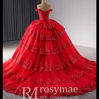 Sparkly Lace Applique Tiered Wedding Gowns Off the Shoulder Quince Dress