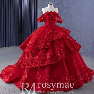 Sparkly Floral Ball Gown Wedding Dress Formal Gown with Off the Shoulder