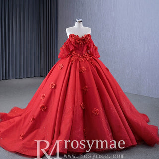 Luxury Red Wedding Gown 3D Flower Quince Dress with Detachable Sleeve