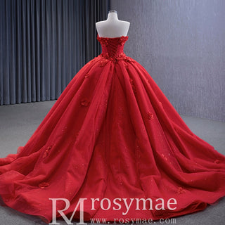 Luxury Red Wedding Gown 3D Flower Quince Dress with Detachable Sleeve