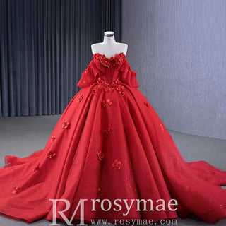 Luxury Red Wedding Gown 3D Flower Quince Dress with Detachable Sleeve