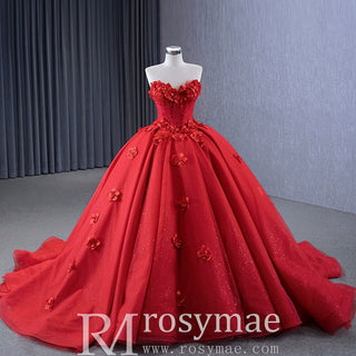 Luxury Red Wedding Gown 3D Flower Quince Dress with Detachable Sleeve