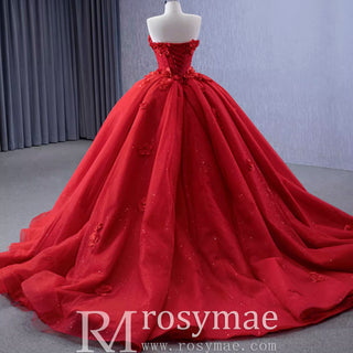 Luxury Red Wedding Gown 3D Flower Quince Dress with Detachable Sleeve