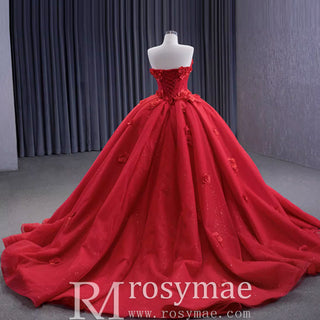 Luxury Red Wedding Gown 3D Flower Quince Dress with Detachable Sleeve