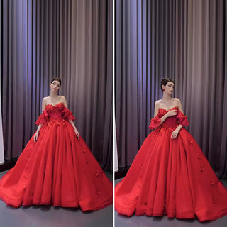 Luxury Red Wedding Gown 3D Flower Quince Dress with Detachable Sleeve