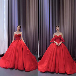 Luxury Red Wedding Gown 3D Flower Quince Dress with Detachable Sleeve