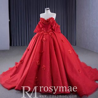 Luxury Red Wedding Gown 3D Flower Quince Dress with Detachable Sleeve