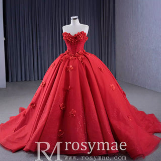 Luxury Red Wedding Gown 3D Flower Quince Dress with Detachable Sleeve