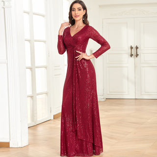 Long Sleeve V-Neck Fit Maxi Formal Gown Evening Dress For Women