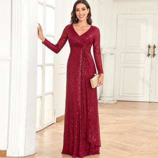 Long Sleeve V-Neck Fit Maxi Formal Gown Evening Dress For Women