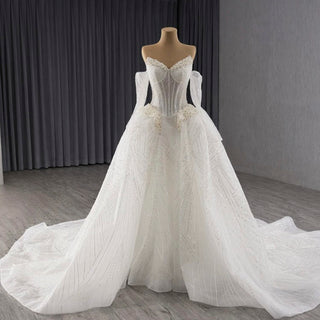 Luxury Sparkly A-line Wedding Dress with Detachable Train and Sleeves