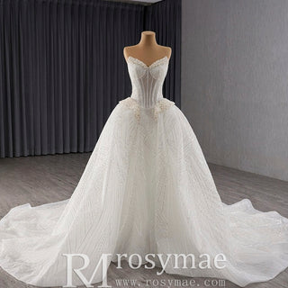 Luxury Sparkly A-line Wedding Dress with Detachable Train and Sleeves