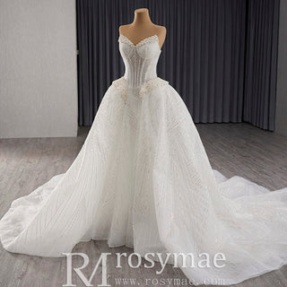 Luxury Sparkly A-line Wedding Dress with Detachable Train and Sleeves