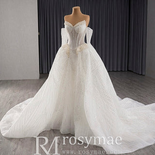 Luxury Sparkly A-line Wedding Dress with Detachable Train and Sleeves