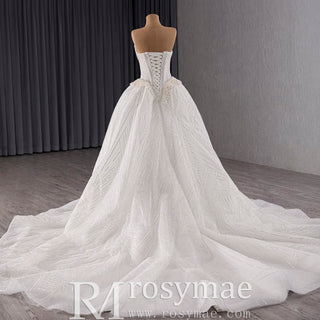 Luxury Sparkly A-line Wedding Dress with Detachable Train and Sleeves