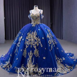 Royal Blue High-end Off the Shoulder Puffy Quinceanera Dress with Spaghetti Straps