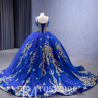 Royal Blue High-end Off the Shoulder Puffy Quinceanera Dress with Spaghetti Straps