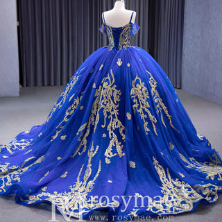 Royal Blue High-end Off the Shoulder Puffy Quinceanera Dress with Spaghetti Straps