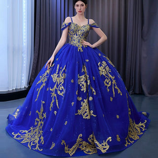 Royal Blue High-end Off the Shoulder Puffy Quinceanera Dress with Spaghetti Straps