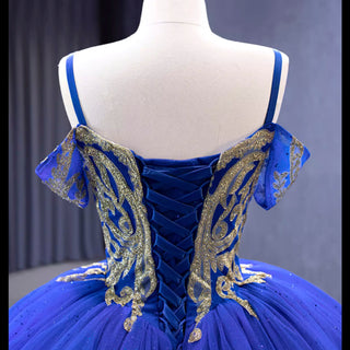 Royal Blue High-end Off the Shoulder Puffy Quinceanera Dress with Spaghetti Straps