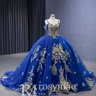 Royal Blue High-end Off the Shoulder Puffy Quinceanera Dress with Spaghetti Straps