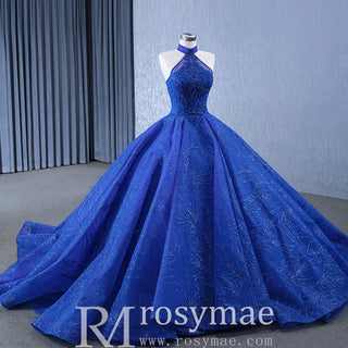 Royal Blue Beaded Lace Wedding Gown Halter Neck Quinceanera Dress