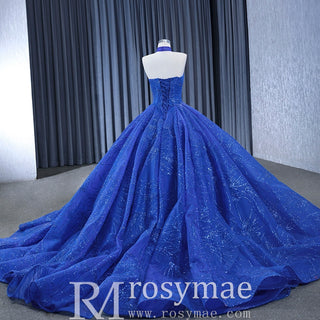 Royal Blue Beaded Lace Wedding Gown Halter Neck Quinceanera Dress