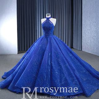 Royal Blue Beaded Lace Wedding Gown Halter Neck Quinceanera Dress