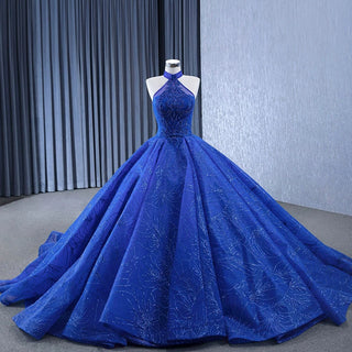 Royal Blue Beaded Lace Wedding Gown Halter Neck Quinceanera Dress